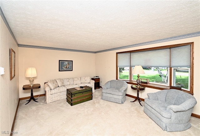 living room with light carpet, ornamental molding, and a textured ceiling