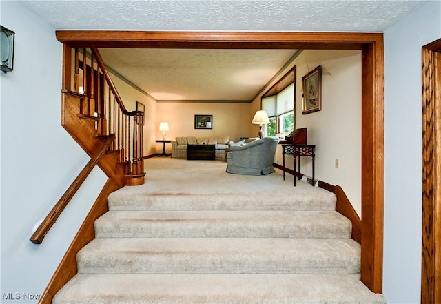 staircase featuring a textured ceiling, ornamental molding, and carpet