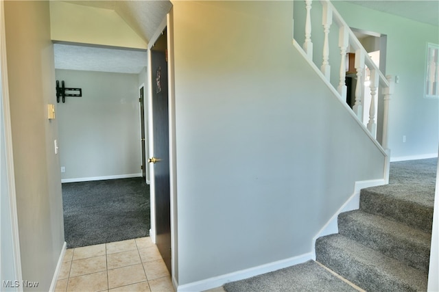 stairway featuring carpet flooring