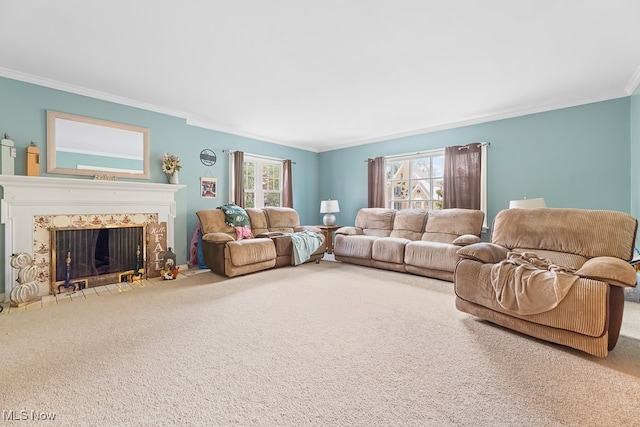 carpeted living room featuring plenty of natural light and ornamental molding