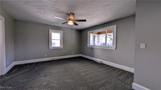 carpeted empty room featuring plenty of natural light, ceiling fan, and a textured ceiling