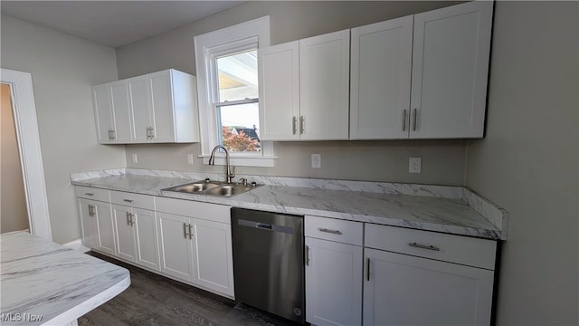 kitchen featuring dark wood-type flooring, sink, white cabinetry, and stainless steel dishwasher