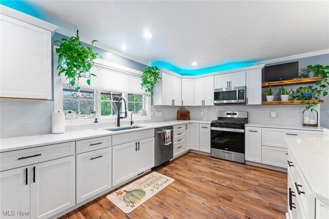 kitchen featuring light hardwood / wood-style floors, white cabinets, appliances with stainless steel finishes, and sink