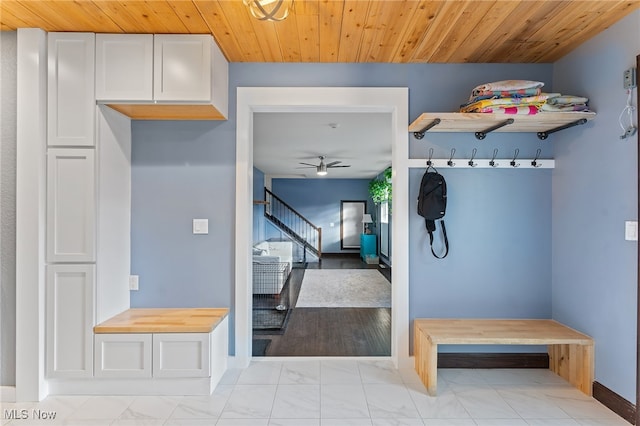 mudroom with light hardwood / wood-style floors, wood ceiling, and ceiling fan