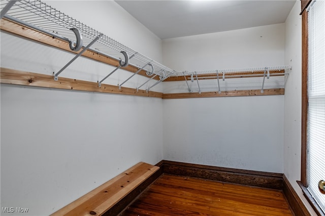 walk in closet with wood-type flooring