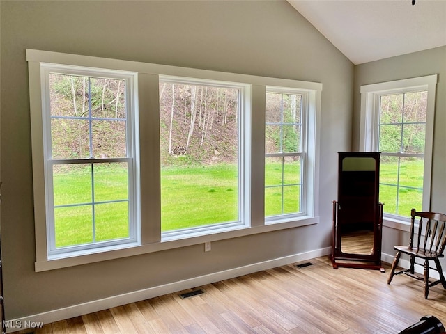 interior space with lofted ceiling, plenty of natural light, and light hardwood / wood-style floors