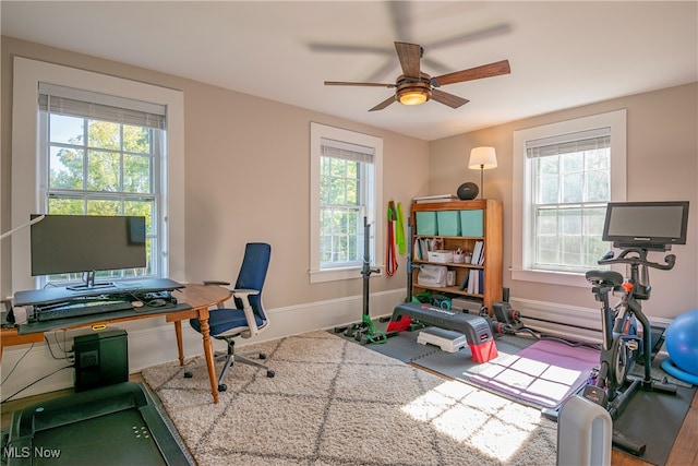 home office featuring ceiling fan and a wealth of natural light