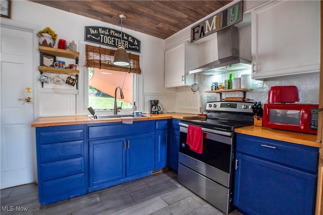 kitchen featuring blue cabinets, stainless steel range with electric stovetop, wood ceiling, and wall chimney range hood