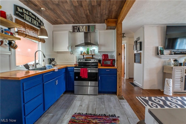 kitchen featuring wall chimney range hood, light wood-type flooring, blue cabinetry, stainless steel electric range oven, and white cabinetry