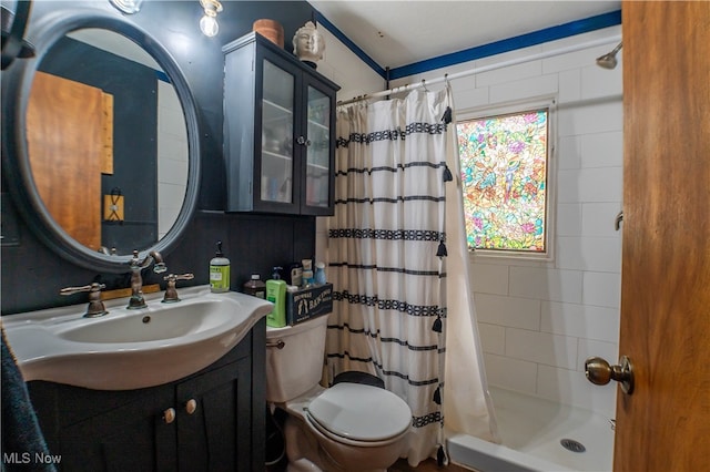 bathroom with toilet, vanity, and a shower with curtain