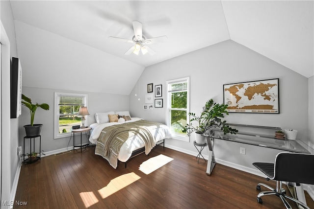 bedroom with lofted ceiling, ceiling fan, and dark hardwood / wood-style floors