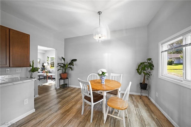 dining room with wood-type flooring and a chandelier