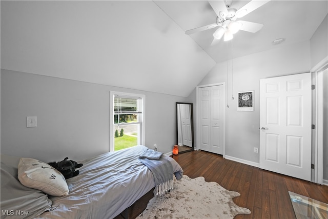 bedroom featuring lofted ceiling, ceiling fan, and dark wood-type flooring