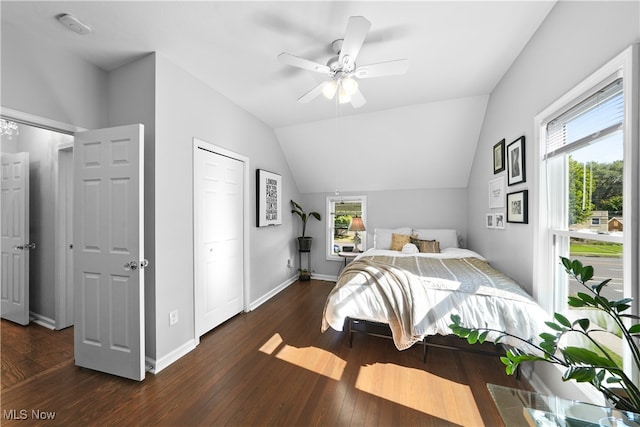 bedroom featuring ceiling fan, vaulted ceiling, and dark wood-type flooring