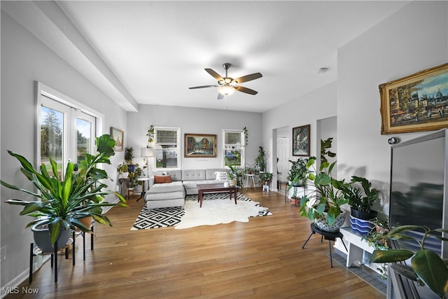 living room with wood-type flooring and ceiling fan