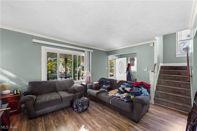 living room featuring ornamental molding, a textured ceiling, and wood-type flooring