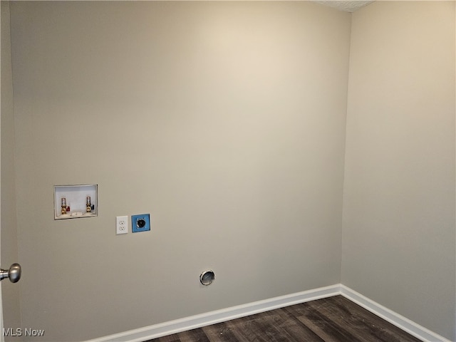 washroom with dark wood-type flooring, hookup for an electric dryer, and hookup for a washing machine