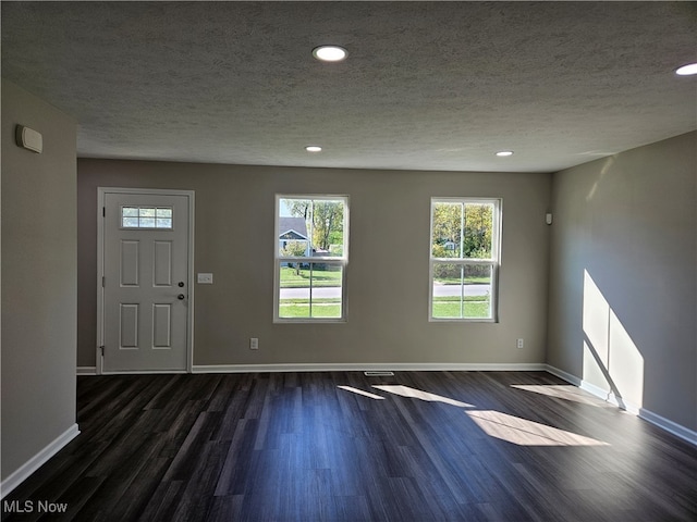 foyer with dark wood-type flooring and a textured ceiling