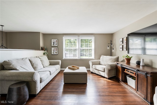 living room featuring dark wood-type flooring