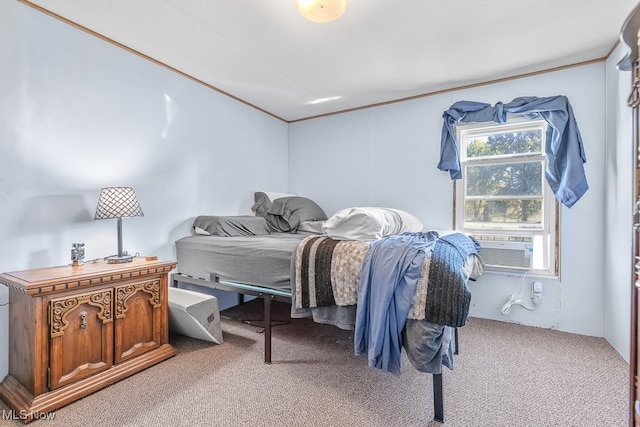 bedroom featuring light carpet and ornamental molding