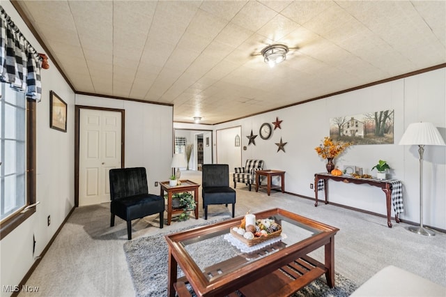 carpeted living room with crown molding