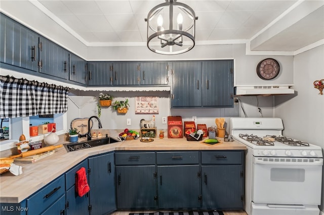 kitchen featuring white gas stove, sink, butcher block counters, a notable chandelier, and exhaust hood