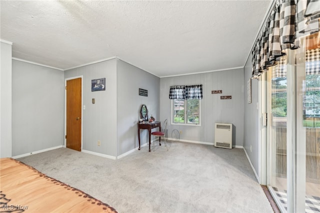 empty room featuring crown molding, heating unit, and a textured ceiling