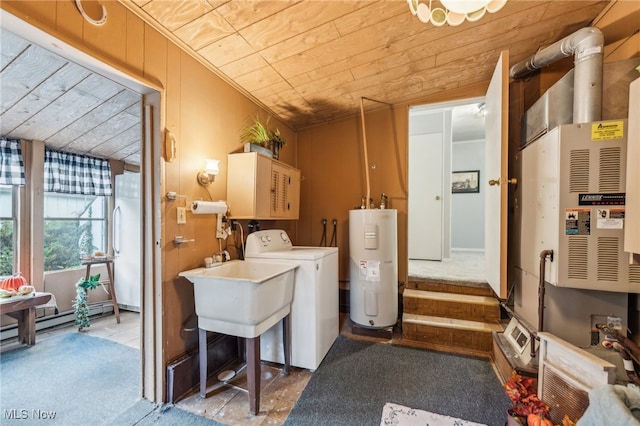 laundry room featuring wood ceiling, tile patterned floors, washer / clothes dryer, and electric water heater