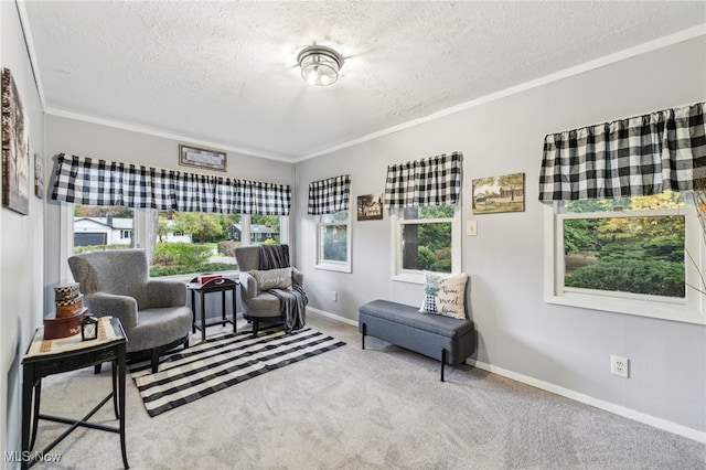 living area with ornamental molding, a textured ceiling, and light colored carpet