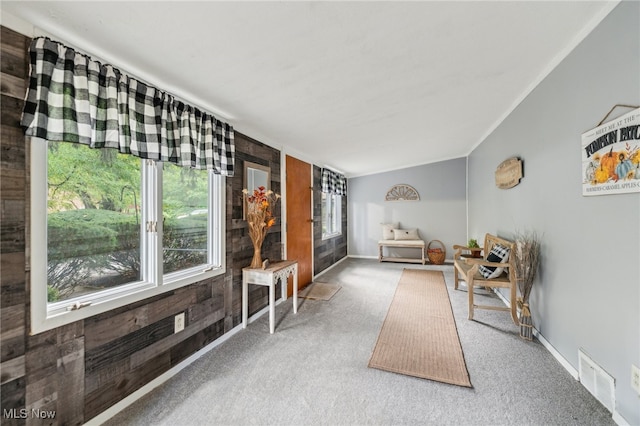 sitting room featuring wood walls and carpet