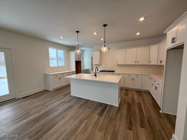 kitchen with dark hardwood / wood-style flooring, white cabinets, and an island with sink