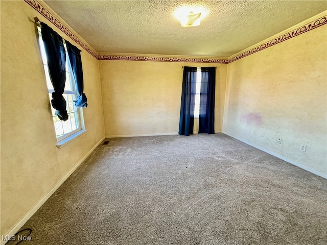 spare room with a textured ceiling and carpet floors