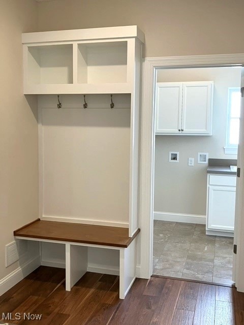 mudroom with dark hardwood / wood-style floors