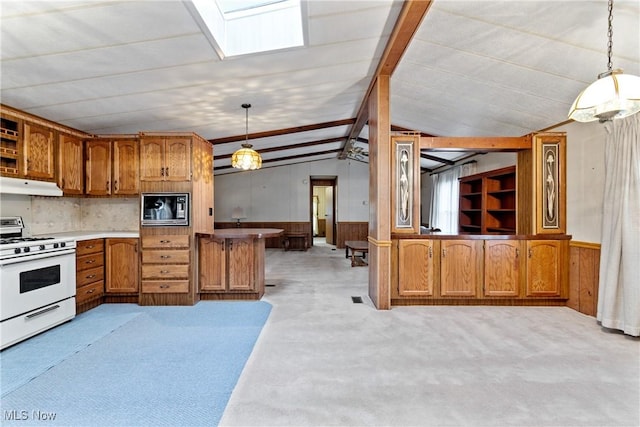 kitchen with vaulted ceiling with beams, decorative light fixtures, white stove, and built in microwave