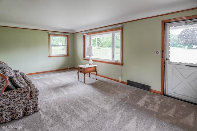 living area with ornamental molding, light carpet, and plenty of natural light