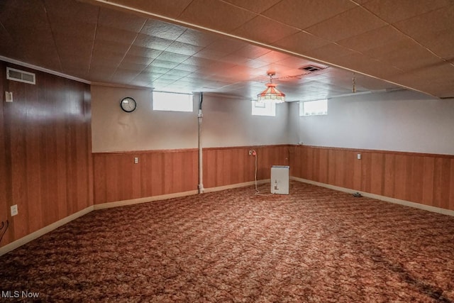 basement with carpet and wooden walls