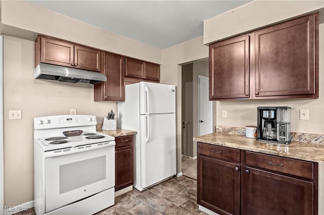 kitchen featuring dark brown cabinetry, light stone countertops, and white appliances