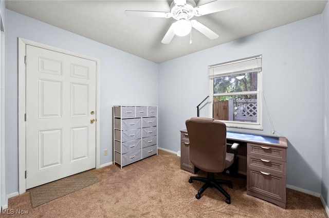 carpeted office featuring ceiling fan