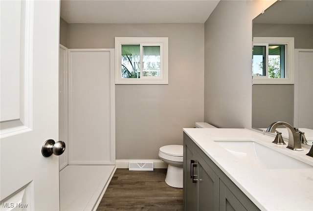 bathroom featuring vanity, hardwood / wood-style floors, and toilet