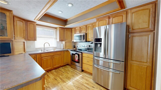 kitchen with a textured ceiling, sink, light hardwood / wood-style flooring, and appliances with stainless steel finishes