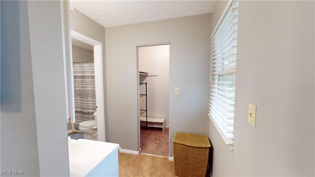 hallway with light colored carpet and a textured ceiling