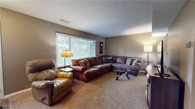 carpeted living room with a textured ceiling