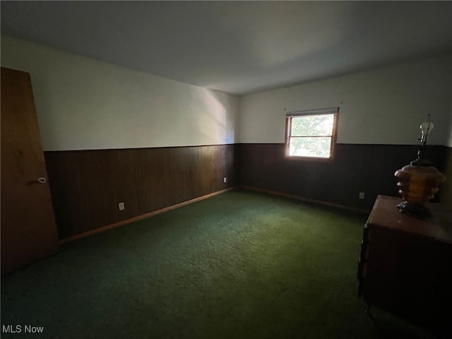 empty room with carpet flooring and wood walls