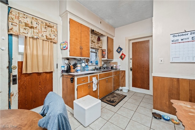 kitchen featuring light tile patterned floors, a textured ceiling, wood walls, plenty of natural light, and sink