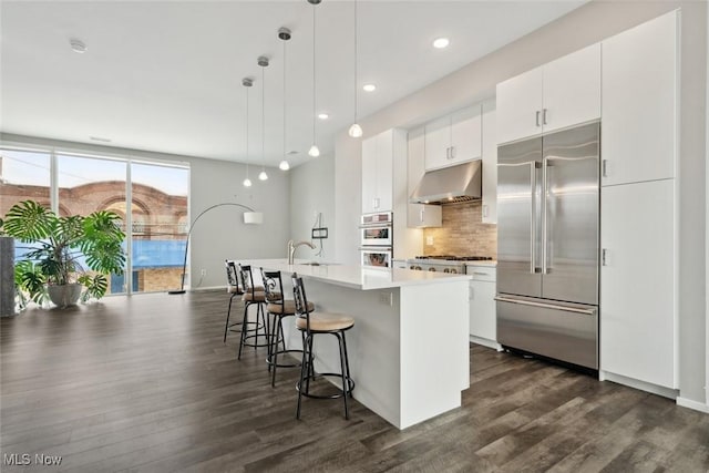 kitchen featuring stainless steel appliances, dark wood-type flooring, decorative backsplash, and under cabinet range hood