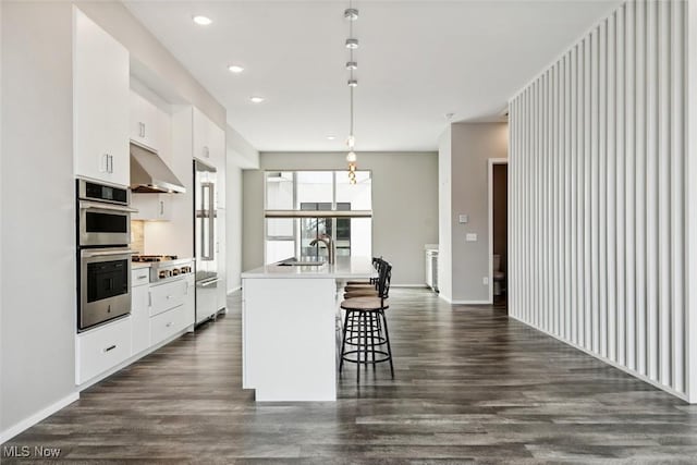 kitchen featuring appliances with stainless steel finishes, range hood, white cabinets, and a sink