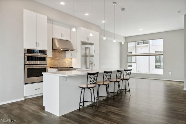 kitchen with under cabinet range hood, appliances with stainless steel finishes, decorative backsplash, dark wood finished floors, and a center island with sink