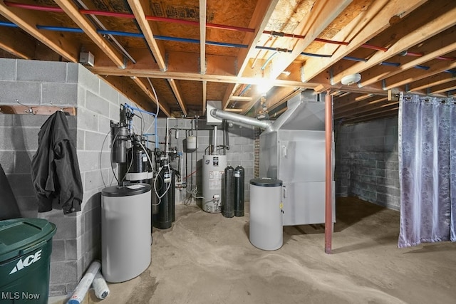 basement with heating unit and gas water heater