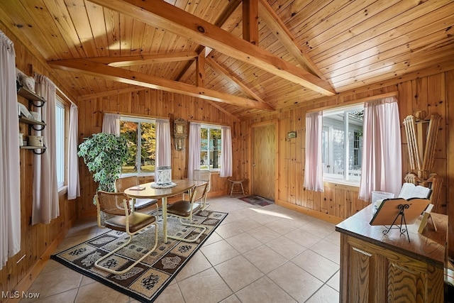 dining area featuring vaulted ceiling with beams, wooden ceiling, light tile patterned floors, and wood walls