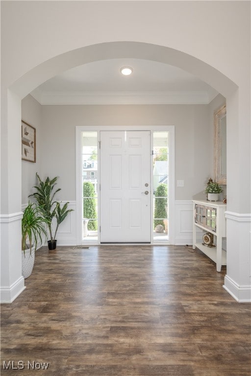 foyer featuring crown molding, dark hardwood / wood-style floors, and a healthy amount of sunlight